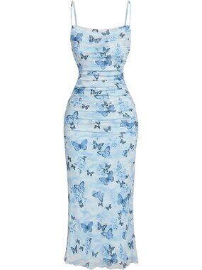 Women's Blue Polyester Elastane Butterfly Print Ruched Backless Cami Maxi Dress